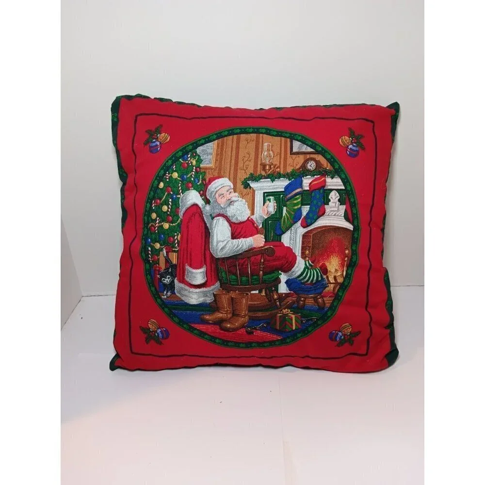 Vintage Handmade Double Sided Christmas Throw Pillow Santa Cookies Milk Tree